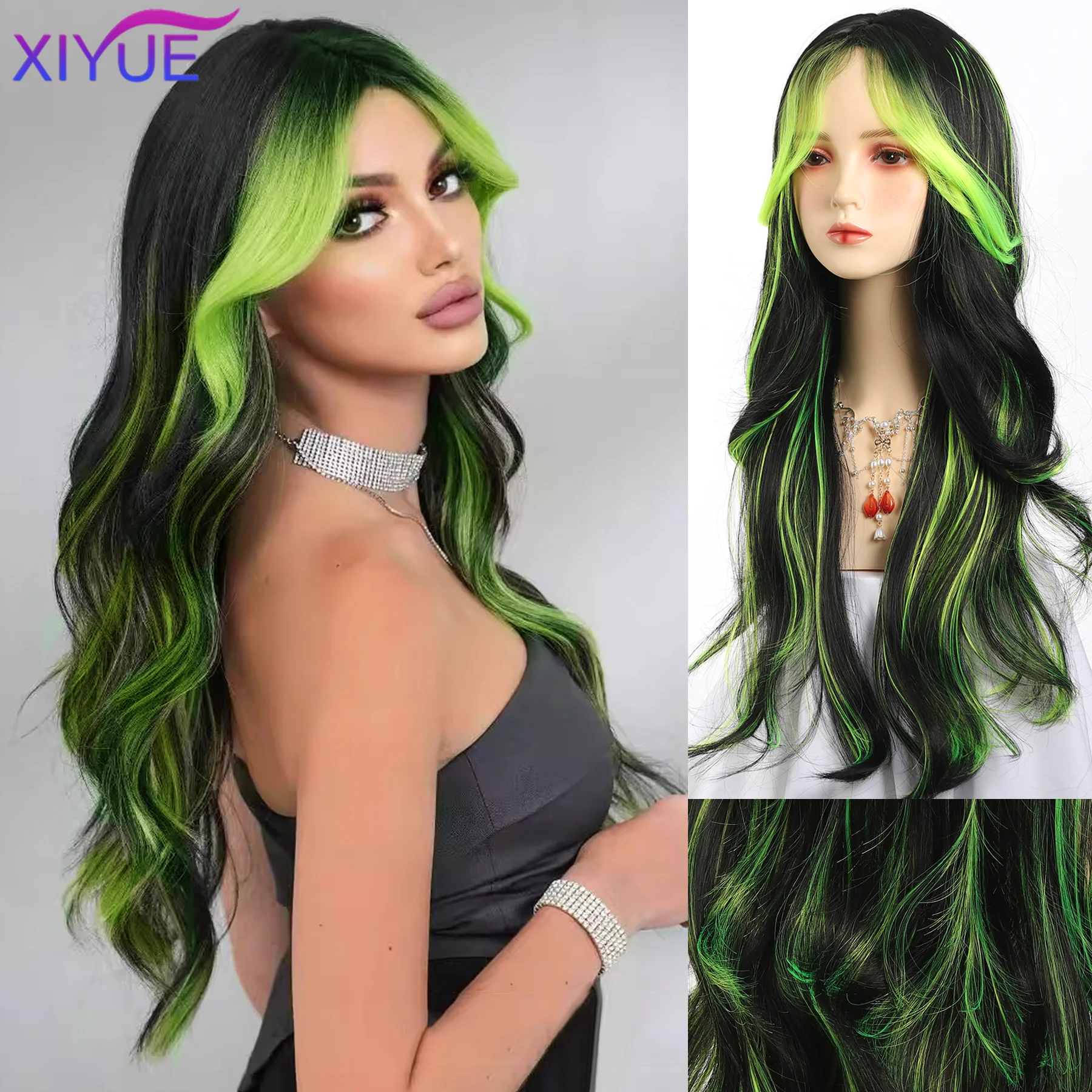 

Layered Wig Synthetic light Green Wig for Women Cosplay Highlight Dyeing Green Wavy Wigs with Fluffy Bangs Resistant Fiber