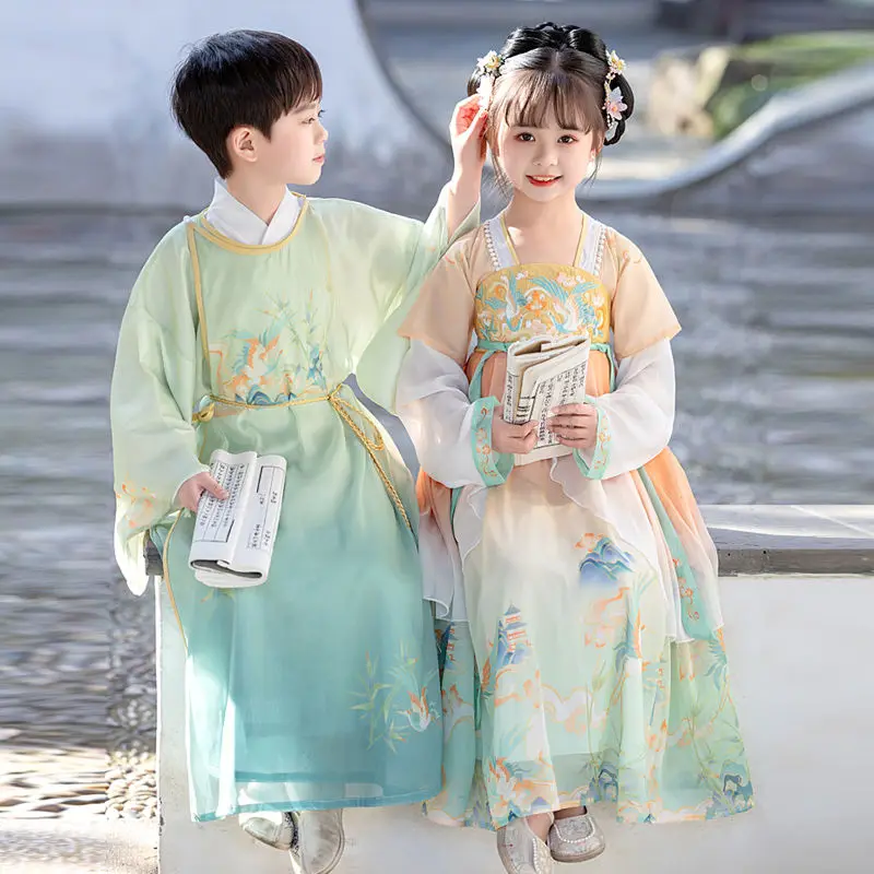 Hanfu bordado de ropa diaria para estudiantes de escuela primaria china antigua, traje antiguo Súper inmortal, verano para niños