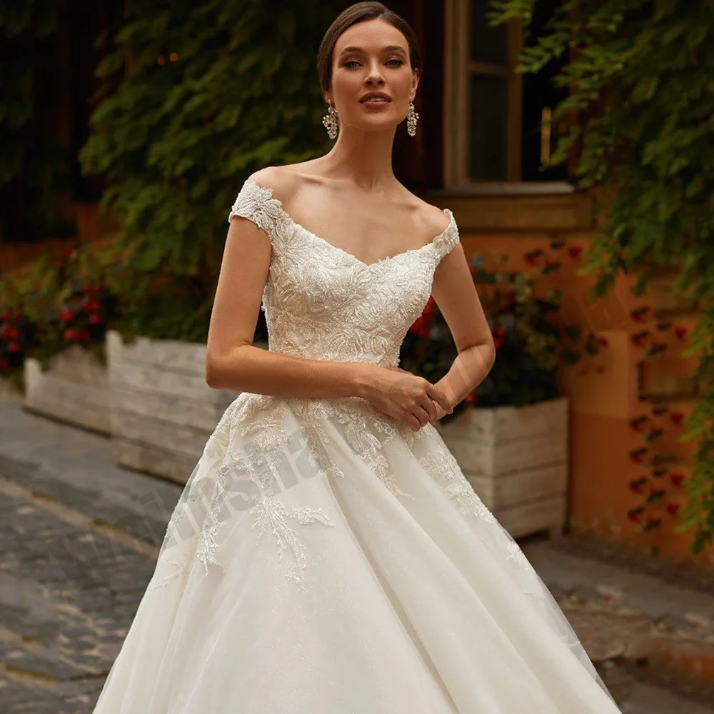 Vestido de novia con hombros descubiertos, cuello en V, apliques de cuentas, corsé de corte de línea A, vestido de novia con purpurina, recién llegado