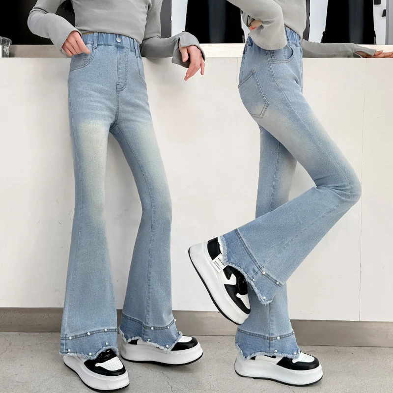Kids Child Retro Boot Cut Jeans with Rhinestone Pearls for Girl Female y2k New Blue Denim Pants Street Wear Flare Jeans Trousers