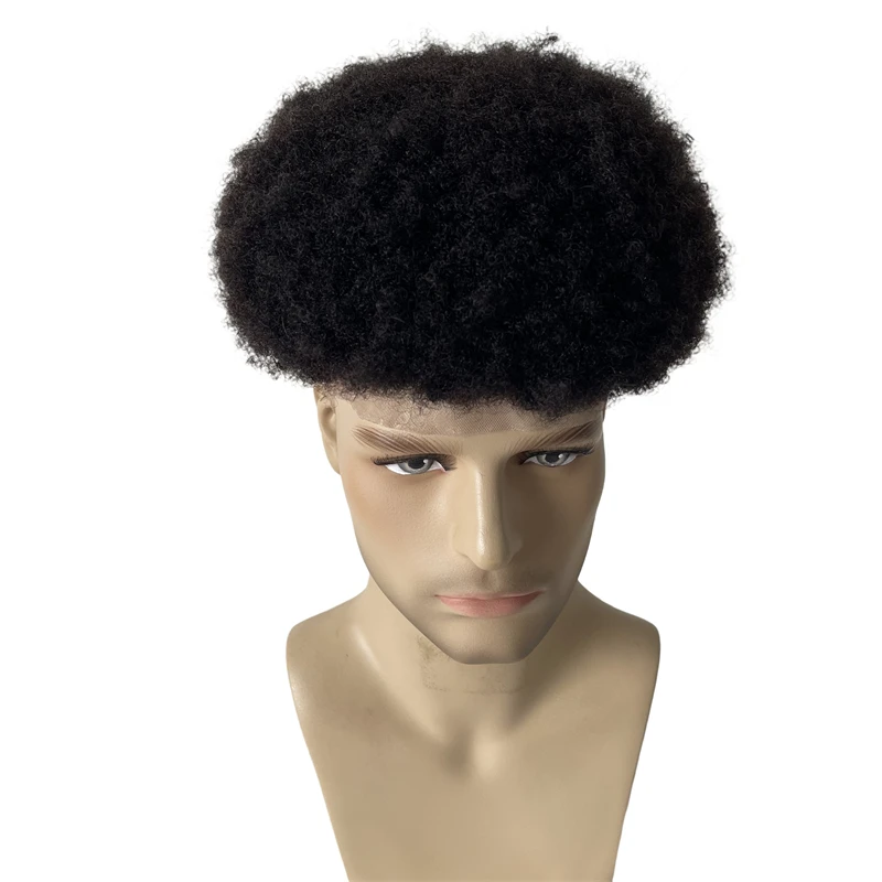 Braziliaanse Maagdelijke Menselijk Haar Vervanging 4Mm Wortel Afro Toupee 1 # Jet Zwarte Kleur 8X10 Volledige Kant Eenheid Voor Zwarte Mannen