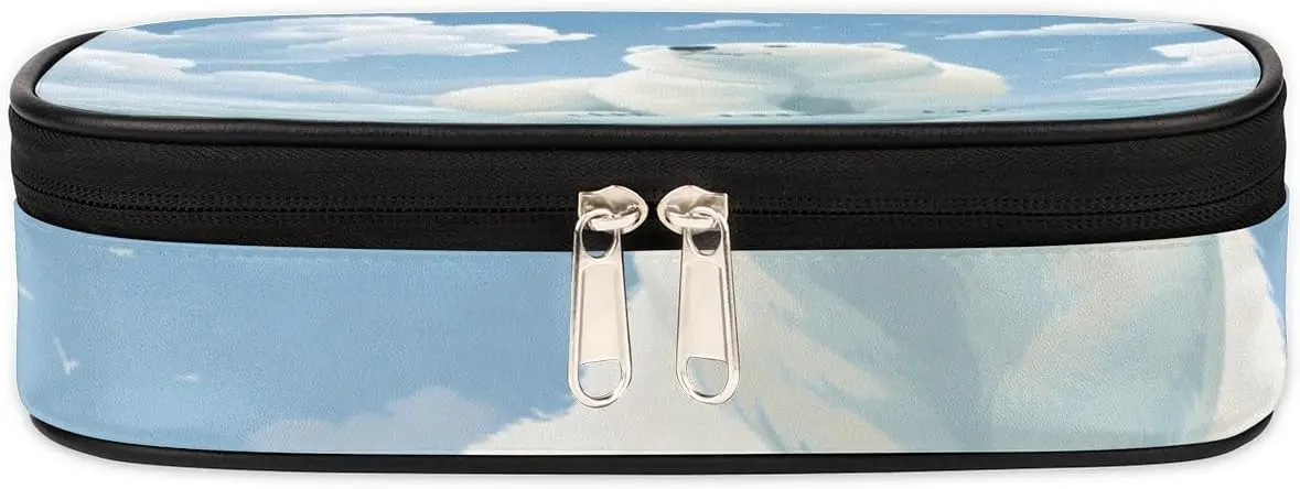 Polar Bear Leather Pencil Case Pen Holder Large Capacity Black Stationery Organizer Pencil Bag with Zipper for Boys Girls Bear