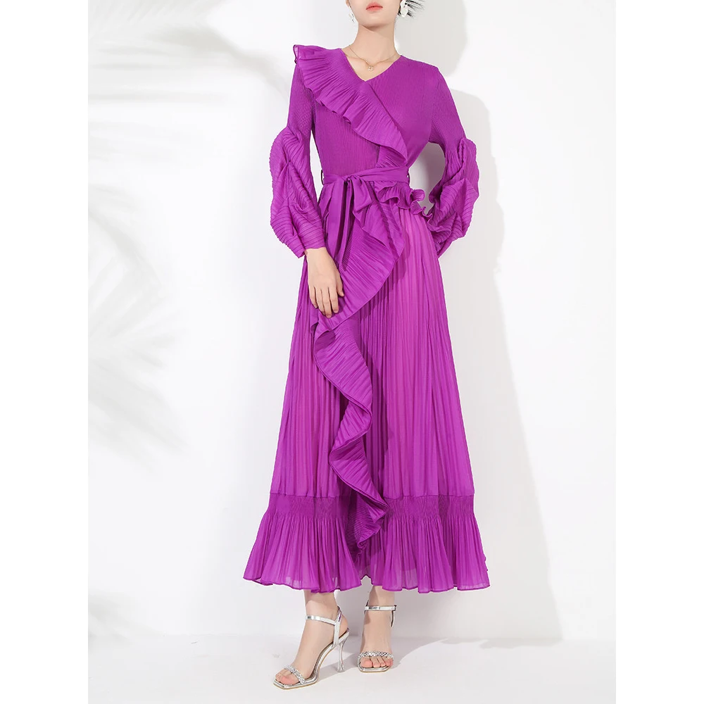 

Miyake V-neck Lace Up Ruffle Edge Pleated Socialite French Formal Dress with Flower Bud Sleeves Big Swing Dress Solid Color