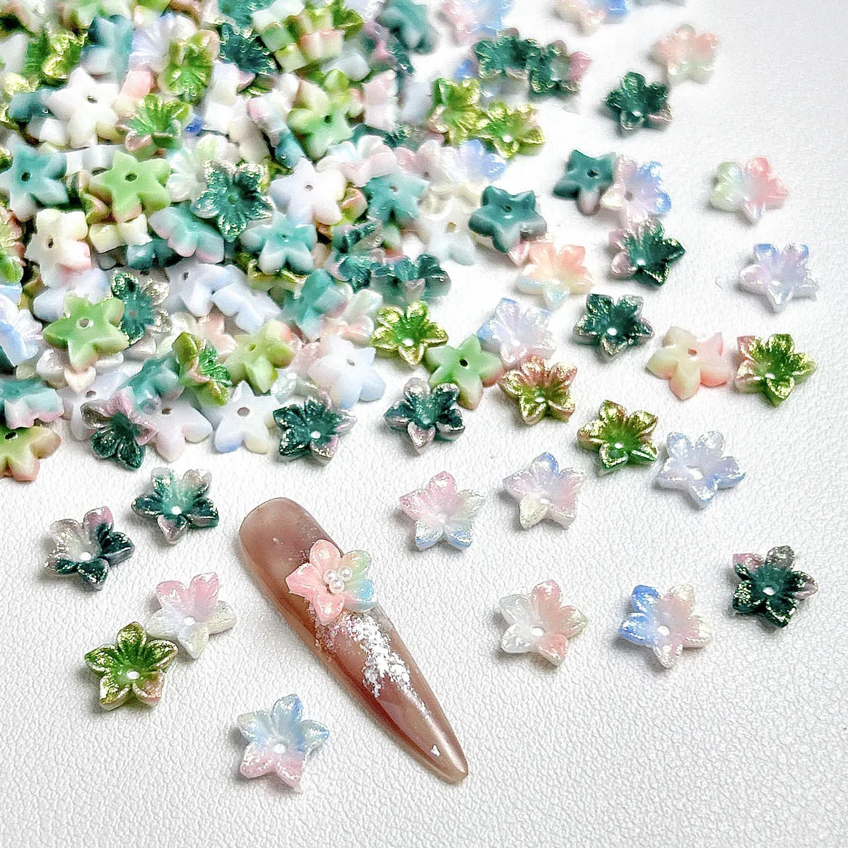 60PCS New Creative Perforated Five Petal Flowers Resin Nail Art Decorations 3D Colorful Shinny Luminous Blossoms Nail Charms DIY