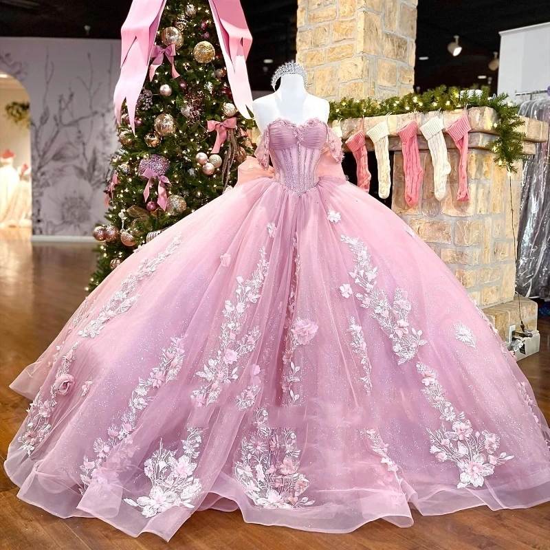 

Pink Shiny Off Shoulder Short Sleeves Floral Applique Lace Beads Quinceanera Dress Puffy Skirt Quinceanera Vestidos De 15 años