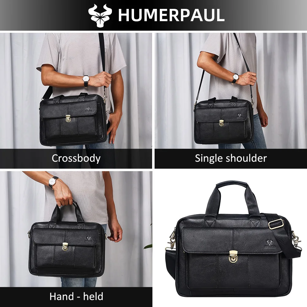 HUMERPAUL Tas Kantor Pria Bisnis Tas Kantor untuk Dokumen Tas Tangan Laptop Kulit Asli Bolsas Messenger Perjalanan Mewah