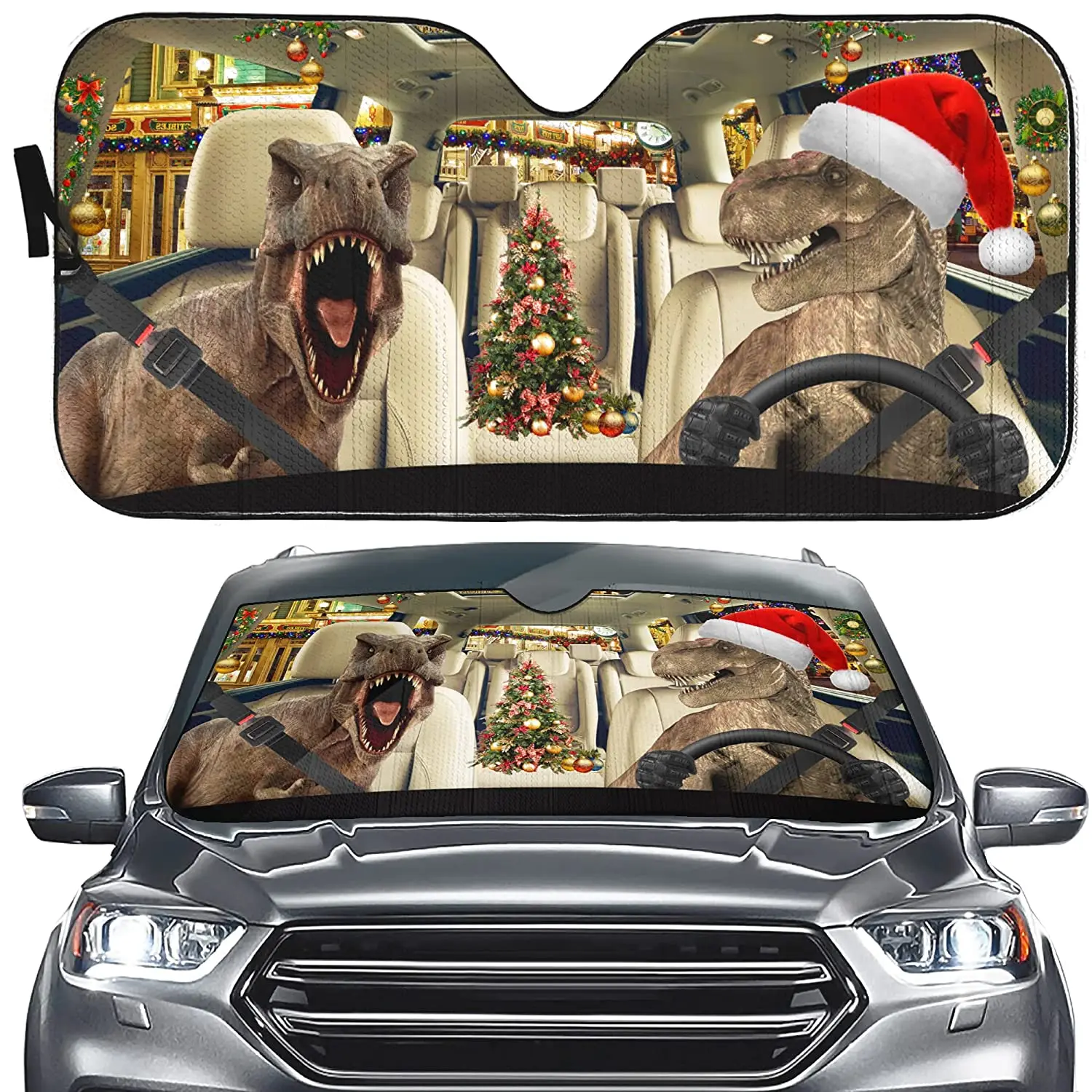 

Happy Christmas Dinosaur Driver Windshield Sunshade Decor Auto/Truck, Christmas Tree Car Front Window Tyrannosaurus Sun Shade Vi