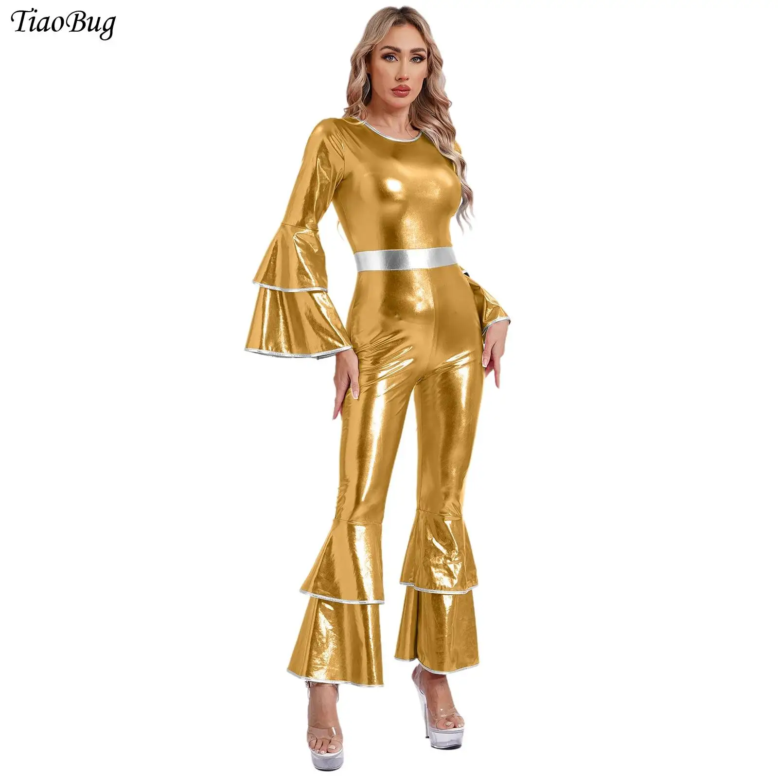 

Womens 70's Disco Dance Jumpsuit Vintage Metallic Costume One-piece Tiered Flare Sleeve Bell Bottom Hippie Romper Jazz Dancewear