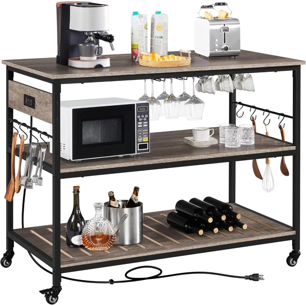 

Kitchen Cart with Power Outlet, Rolling Kitchen Island on Wheels with Glass Holder & Hooks, Utility Trolley Cart Coffe