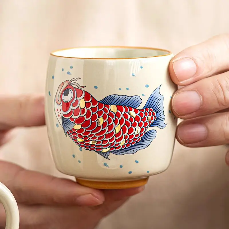 Ash Glaze Ceramic Goldfish Wealth Master Cup Single Tea Tasting Cup for Kung Fu Tea Set Home Office Gift