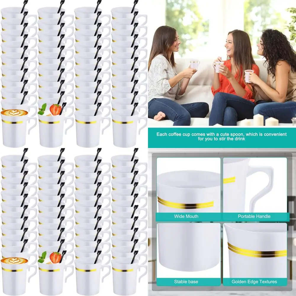 

100 Pack Reusable 8oz White Plastic Coffee Cups with Handle, Spoon, and Gold Rim for Espresso, Tea, Cafe, Milk, and Dessert