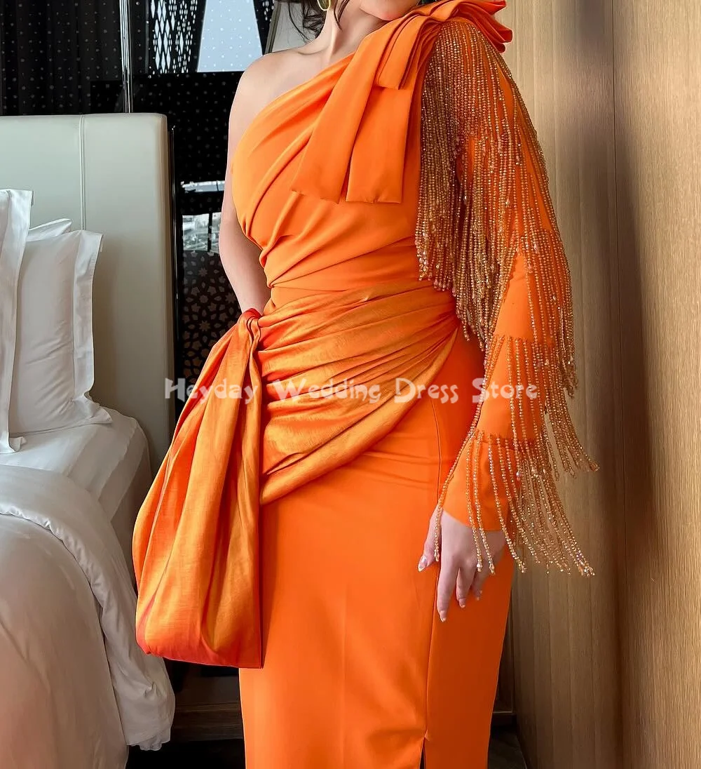 Heyday فساتين سهرة نسائية كريب بكتف واحد وغمد بطول الكاحل وأكمام طويلة مع شرابة مطرزة فساتين أنيقة 2025