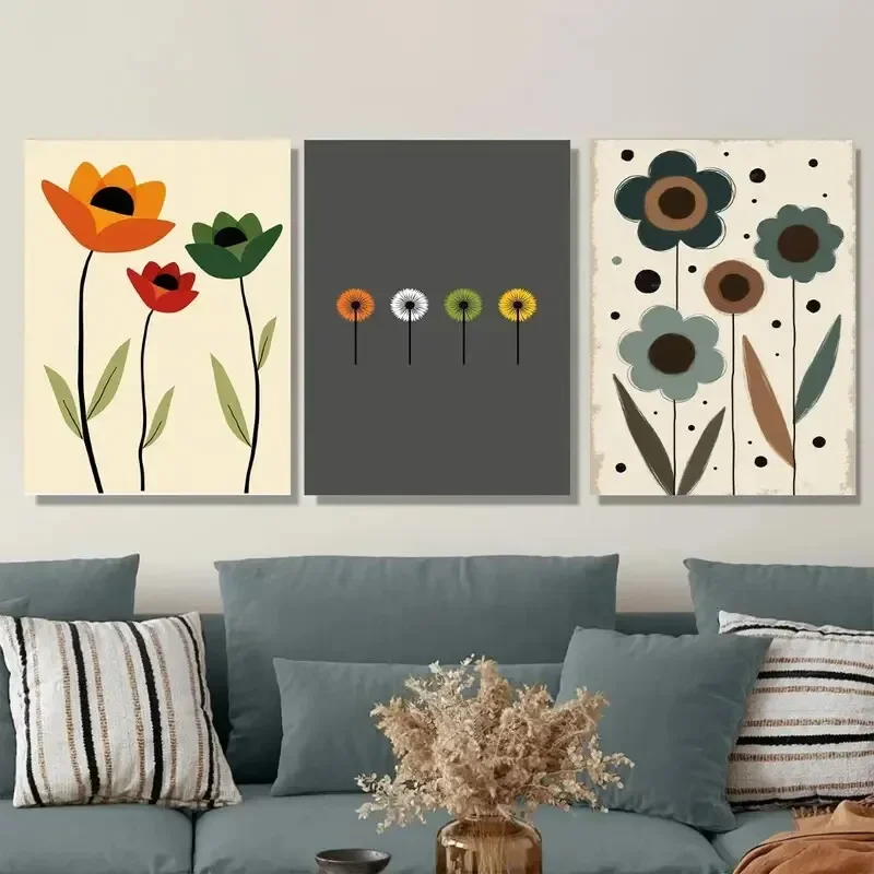 2D Flat, 2D Flat 3pcs Framed Canvas Posters & Prints Modern Floral Vibrant Tulip, Dandelion Wall Art Halloween and Christmas