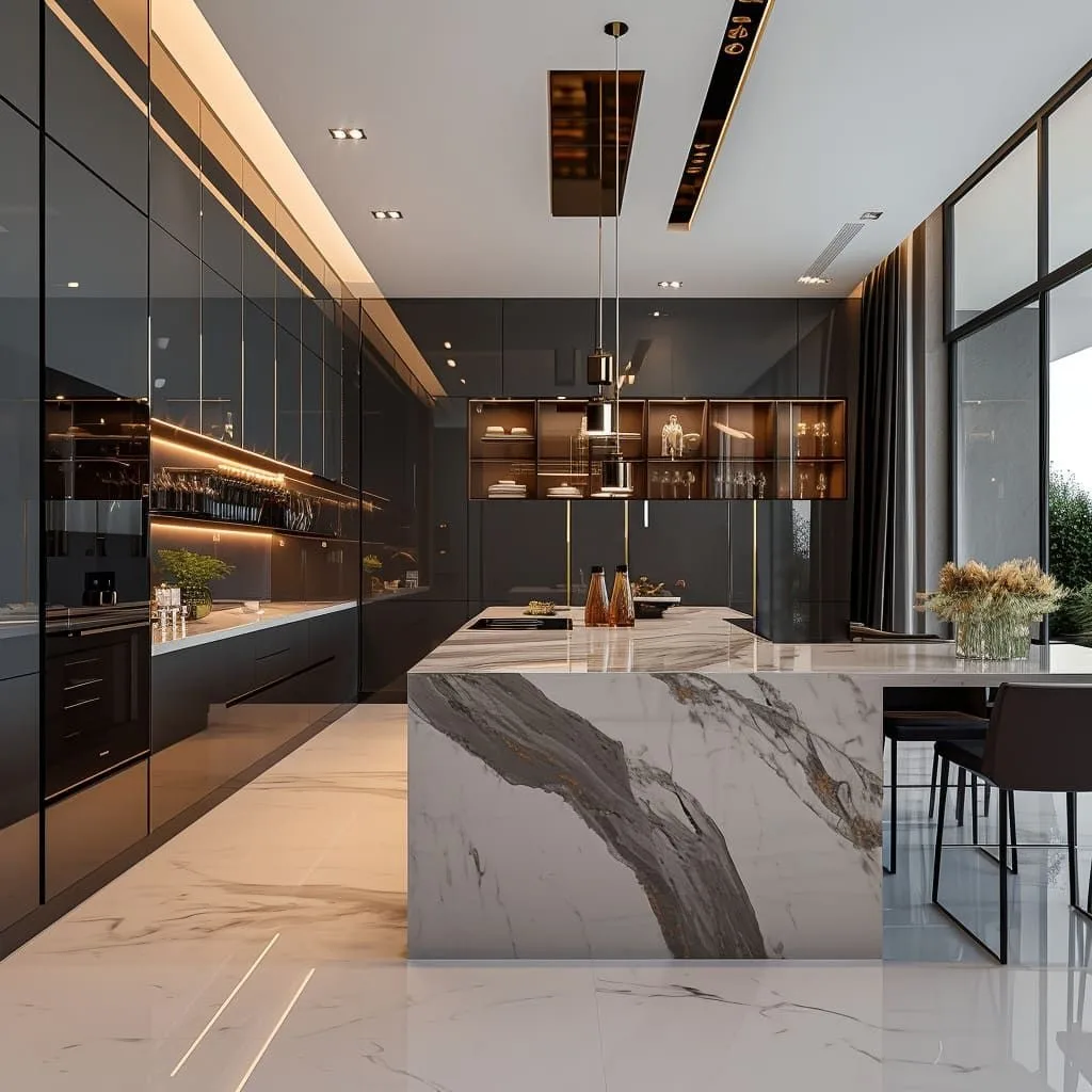 Custom Modular Solid Wood Veneer Kitchen Cabinets Marble Waterproof Island Melamine Board Stainless Steel-Fireproof Dining Mall