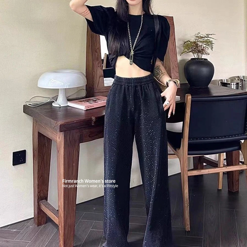 Firmranch 2024 Full Rhinestone Black Sport Pants For Women Elasitc Waist Casual Loose Trouser All Season Female Clothes