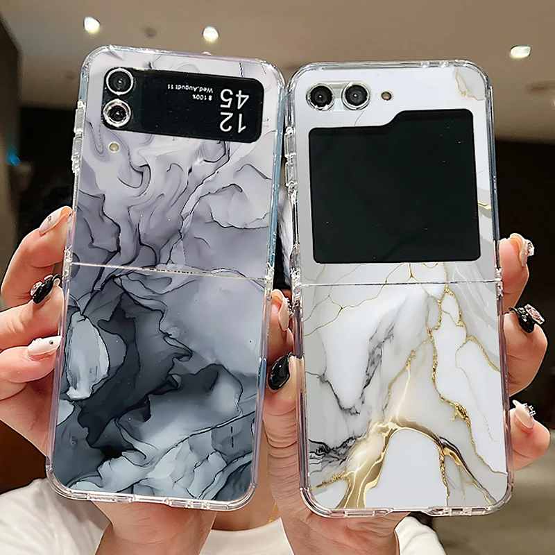 Marble Pattern Phone Case For Samsung Galaxy Z Flip 6 5 4 3 5G Flip6 Flip5 Flip4 Flip3 Metal Buckle Clear Folding Silicone Cover