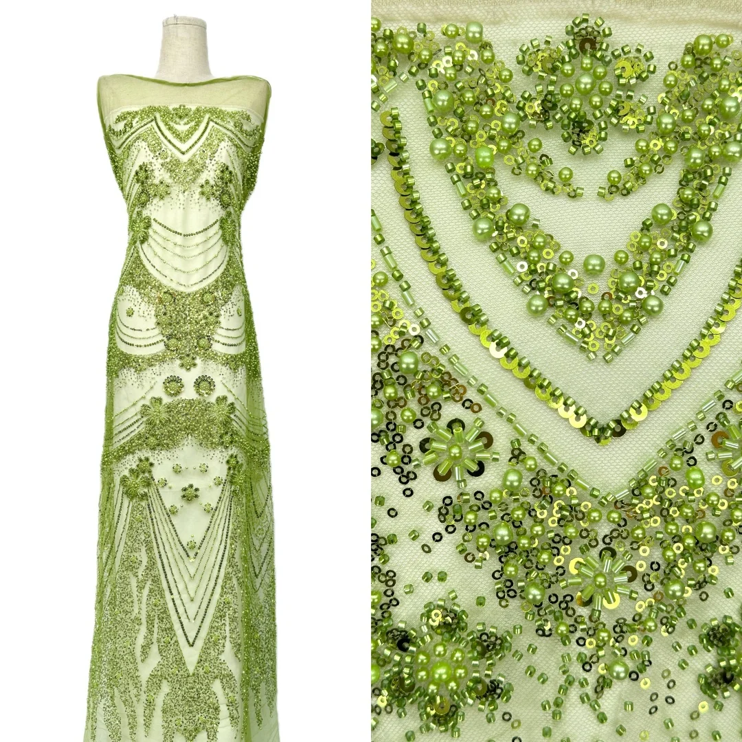 

3 Yards African Luxury Hand-Beaded Stone Lace Fabric High-Quality Nigerian Sequin Tulle Lace Fabric Wedding Gown & Evening Dress