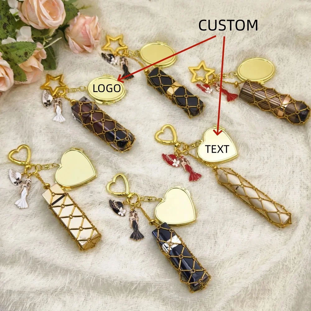 Fashionable Lipstick Storage Keychain Mini Mirror Woman Hat Enamel Charm Stylish Metal Mesh Bag Pendant Gift Young Girls