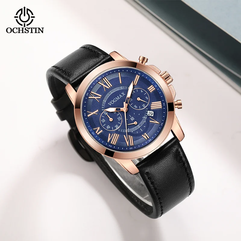 OCHSTIN Men Watch Multi-Function Quartz Wristwatch Genuine Leather Strap Man Mineral Hardened Glass Daily Waterproof Clock