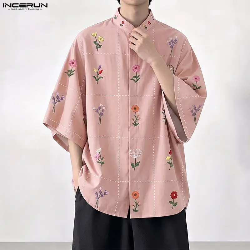 INCERUN Men's Shirt Flower Printed Stand Collar Half Sleeve Loose Men Clothes Streetwear Summer Vacation Casual Tops Male Shirts