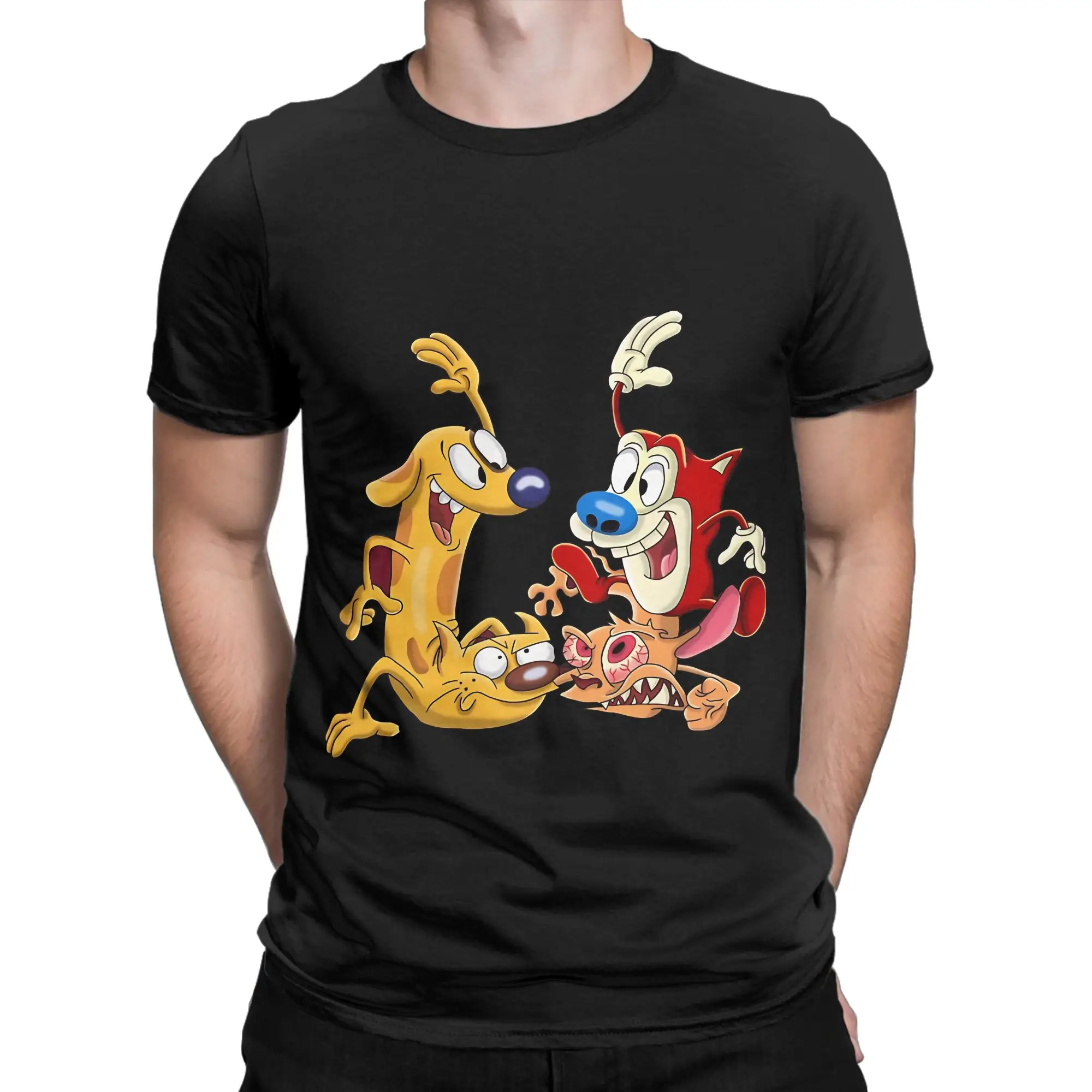 Meets Ren and Stimpy 90s Nicktoon Mashup Graphic 100% Cotton T-Shirt CatDog Tops Tees For Men