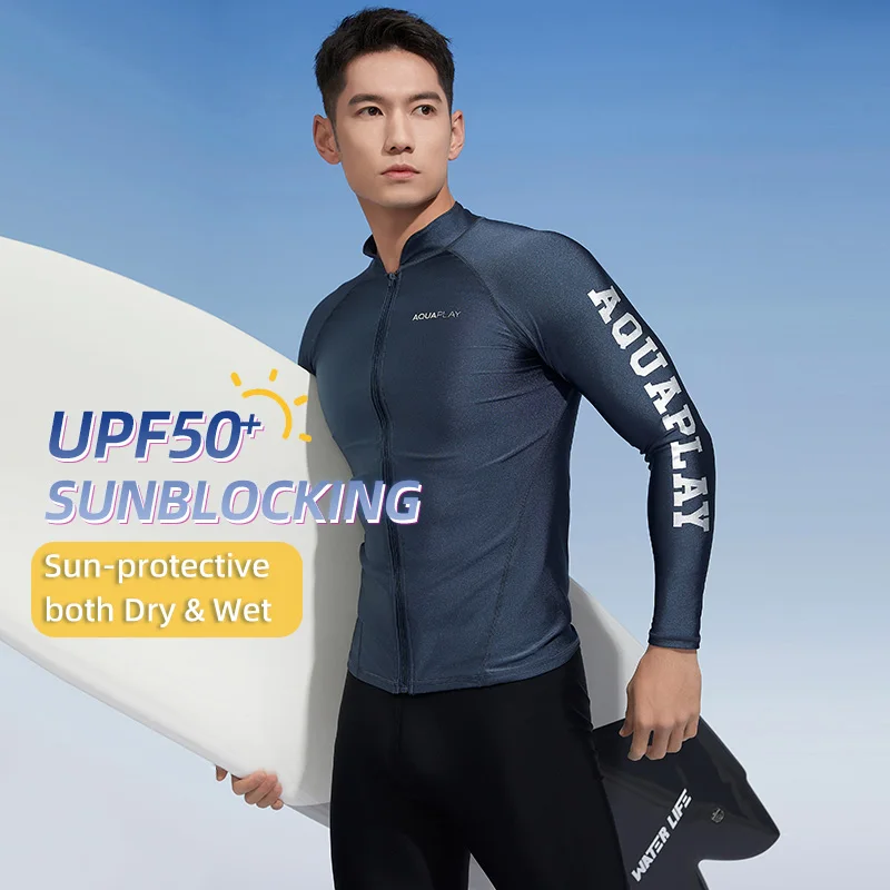 AquaPlay Men‘s Rash Guard Surfing Diving Swimwear Full Zipper Long Sleeve Suit Swimming Surf Clothing Outdoor Sport Fitness