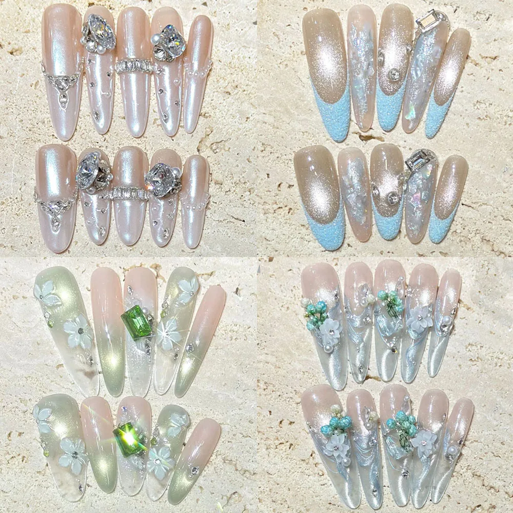 

Gentle Sweet Cat Eyes Press On Nails Bowknot 3D Flower Diamond Stars Glittering Powder Long Almond Fake Nails Summer Accessories