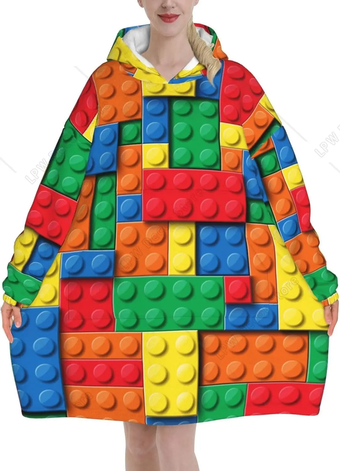 Bunte Bausteine Ziegel Erwachsene Flanell tragbare Plüschdecke mit Taschen Ultraweicher Plüsch warmer Kapuzenpullover