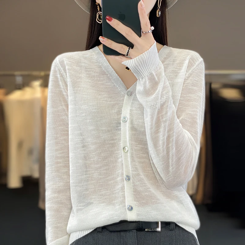 Summer Ice Silk Hooded Sunscreen Cardigan Women's Thin Shirt With Long Sleeves And Loose Breathable Linen Sweater Top