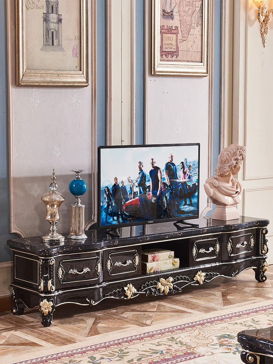 European-style all-solid wood TV cabinet tea table combination neoclassical ebony small living room marble arc floor cabinet