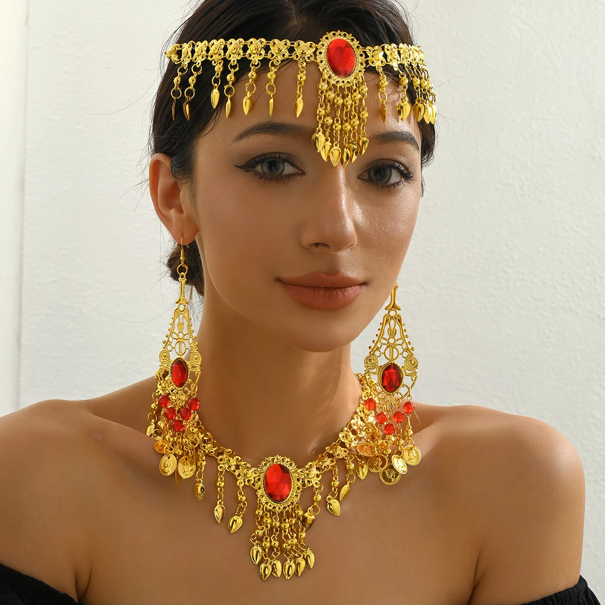 Arabian Popular Imitation Golden Circular Inlaid Pendant Portrait Pattern Necklace Head Chain Earring Combination Jewelry Set image 4