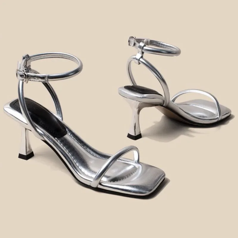 Black Ankle-Strap Buckle Sandal Summer Square Toe Ladies Stiletto High Heel Shoes Sexy Solid Thin Band Sandalias De Mujer Verano