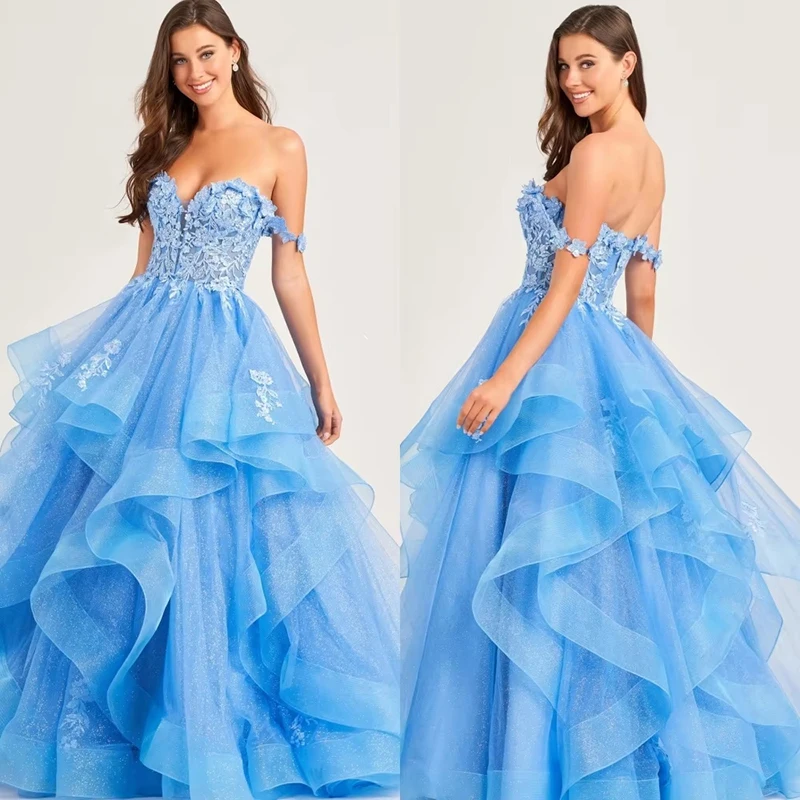 Robe de bal élégante bleu clair, épaules dénudées, avec des appliques florales, en Tulle à plusieurs niveaux, robe de soirée trapèze bouffante