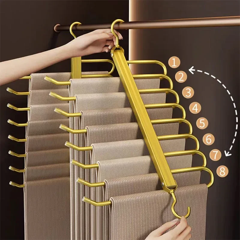 8‑In‑1 Magic Pants Hangers 360° Rotating Foldable Aluminium Alloy Multi‑Layer Trouser Storage Rack Space Saving Closet Organizer