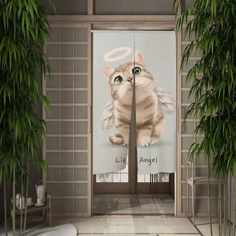 VIKAMA Black White Orange Cat Print Japanese Noren Rod Pocket Door Curtain Bathroom Closet Partition Room Divider Home Decor