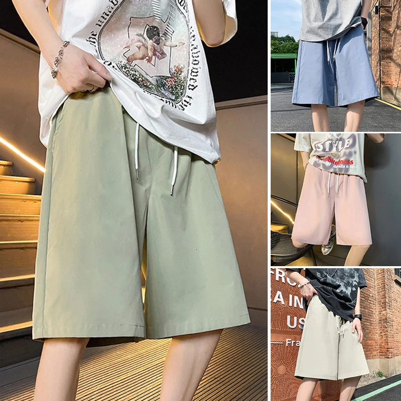 

Мужские летние повседневные тонкие быстросохнущие спортивные шорты для фитнеса и бега, свободные, пляжные, длиной до колена, прямого кроя, однотонные