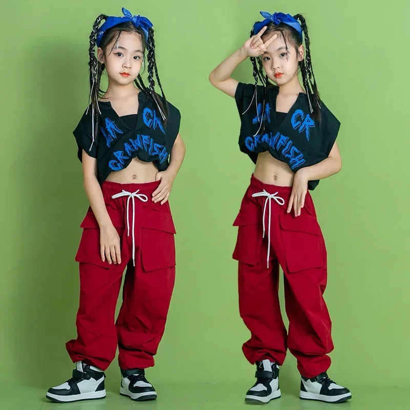 Traje de baile de hip-hop para niños, traje de baile de jazz con ombligo abierto, ropa de actuación de baile para niñas, moda urbana de explosión la