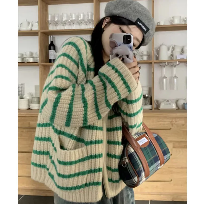 Green Striped Zipper Knit Cardigan Women Autumn Winter Casual Loose Sweater Top Thicken Simple Style Warm Coat Female Knitwear