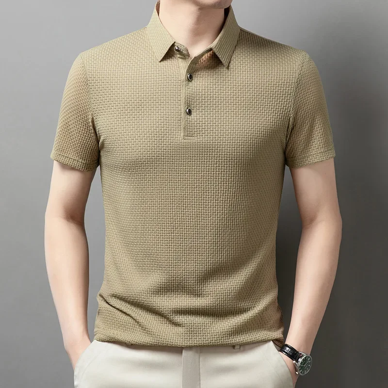 summer new fashion casual trendy men's t-shirts short sleeve turn-down collar ice silk thin breathable solid color polo shirts