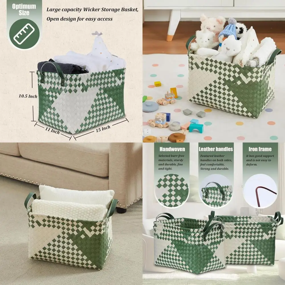 

Большой набор плетеных корзин для белья — зеленые и белые корзины для хранения из 4 предметов для организации дома
