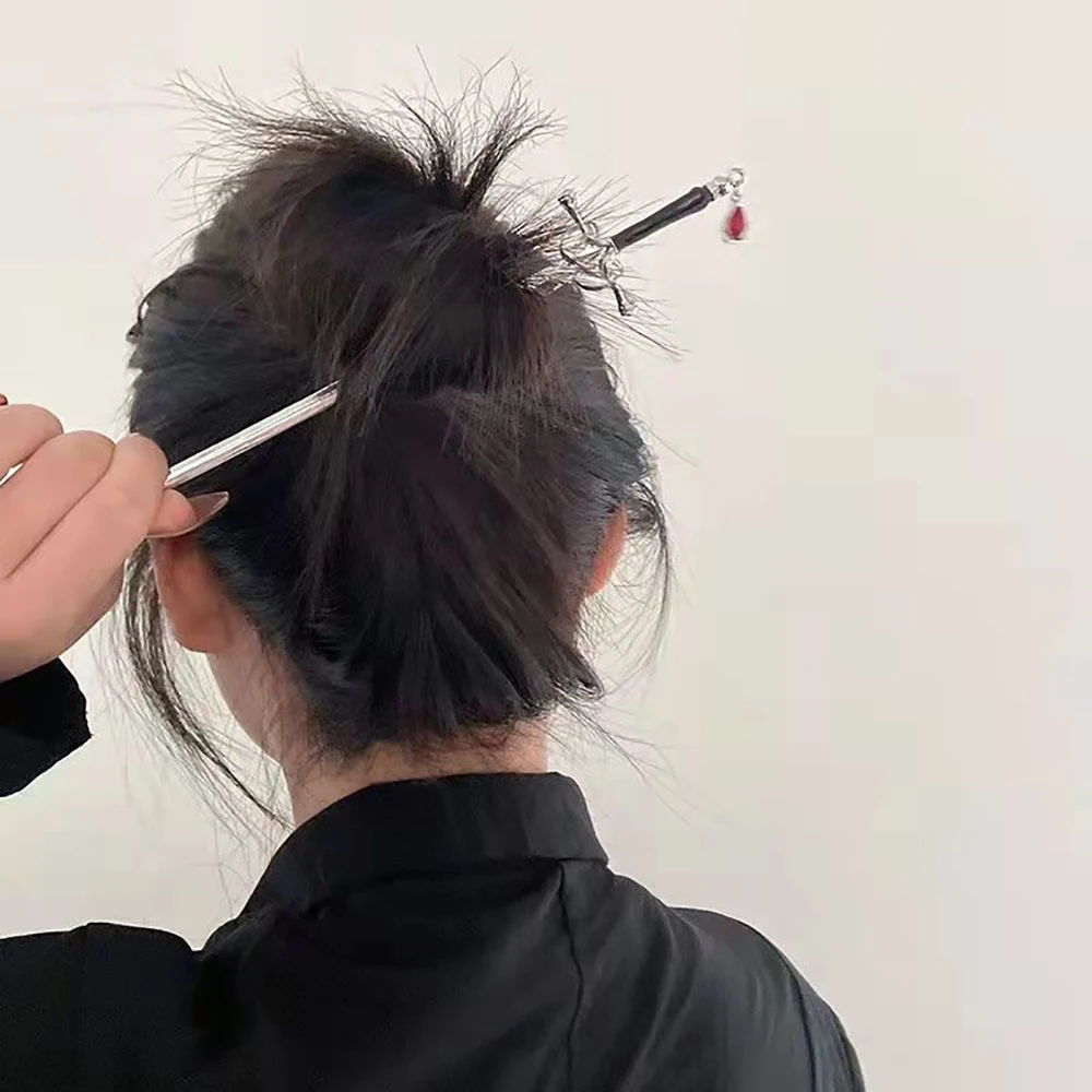 Punk Sword Hairpins Chinese Ruby Hair Stick Vintage Ponytail Pins DIY Hair Accessories for Women Halloween Birthday Gift