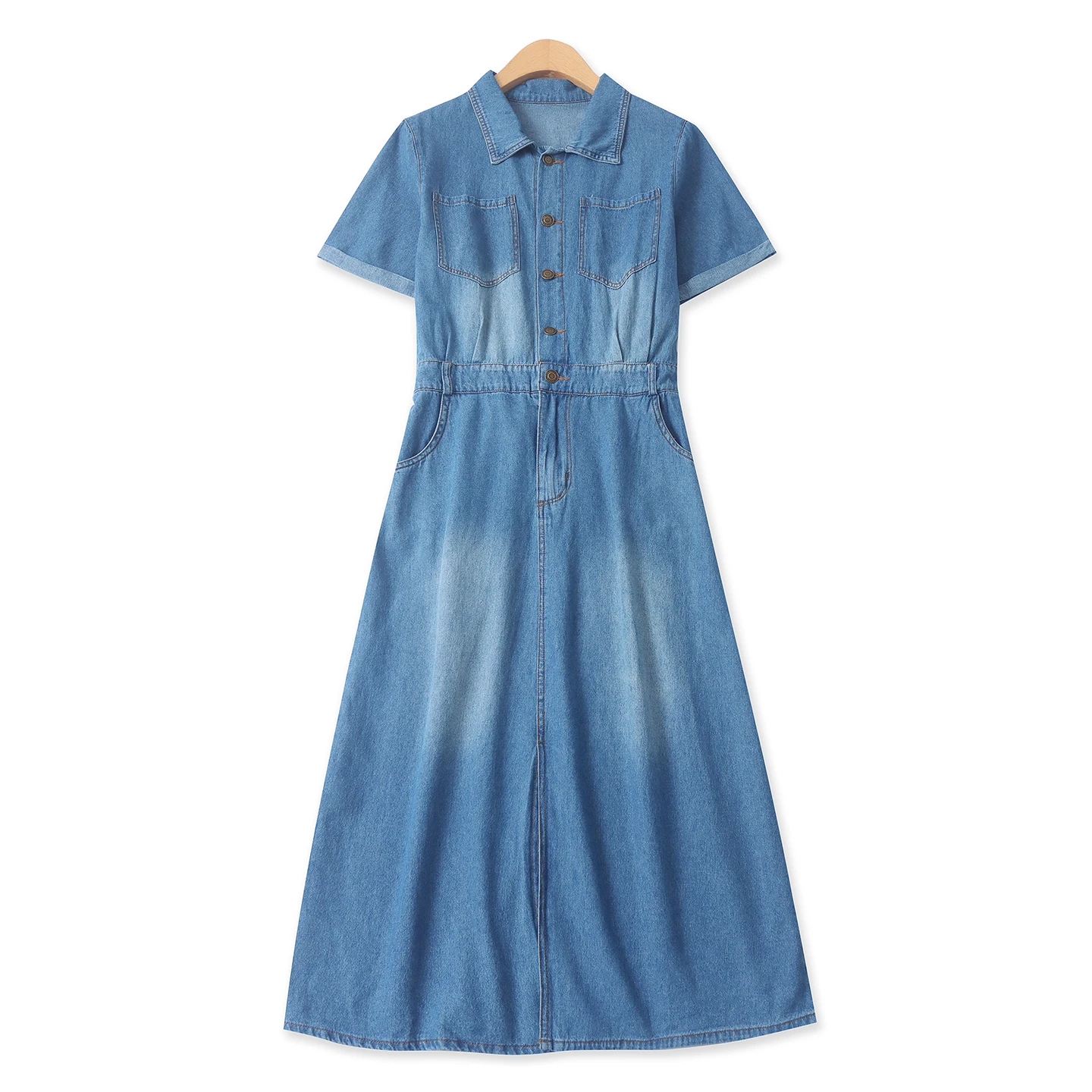 Casual Washed Denim Dress Women's Slim Fit Short Sleeve Turn-down Collar Skirt Elastic Waist Summer New Style Casual Dress