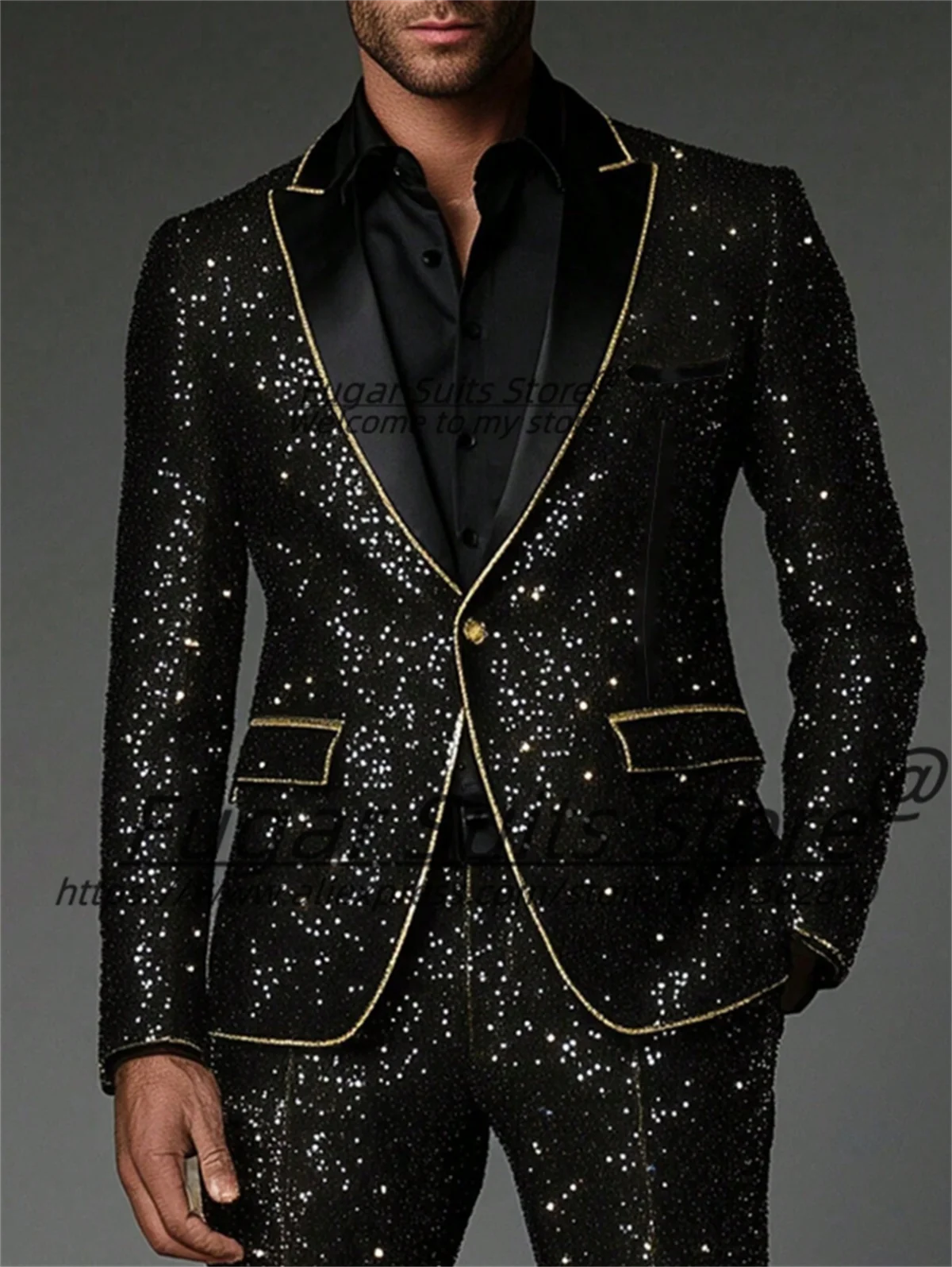 

Customized Black Shiny Sequin Male Prom Blazers Slim Fit Peak Lapel Groom Wedding Tuxedos 2 Pieces Sets Elegant Costume Homme