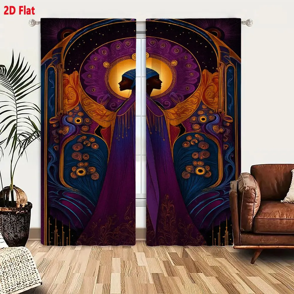 2Pcs Curtains 2D Flat Art Nouveau Silhouette Person With Turban Purple Robe Golden Wings Stained Glass Arch Mystical Night Sky W