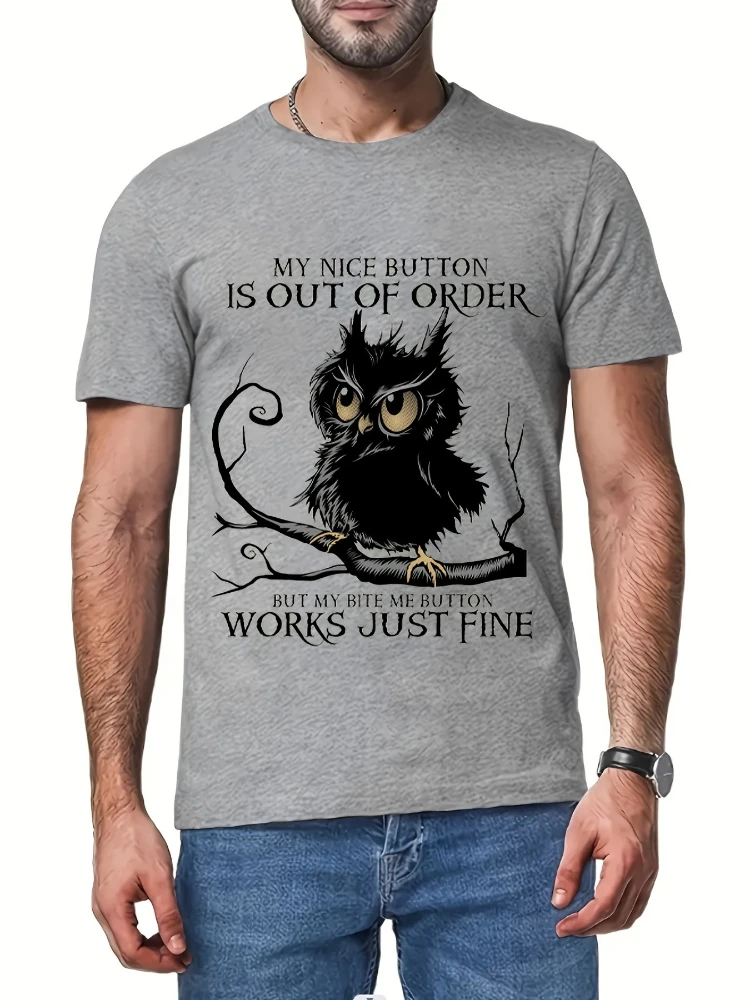 

Men's casual T-shirt with cartoon owl and letter pattern is outdoor in summer.