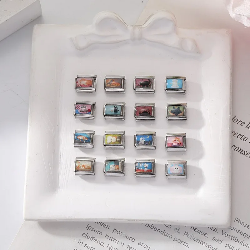 2026 New Women's Gift Cute Cat Looks at the cake Italian Charm Links Beads Fit 9mm Stainless Steel Modular Bracelet Jewelry Gift image 4