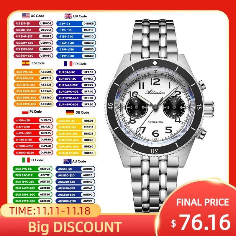 

ADDIESDIVE Men's Diver Watch Sapphire VH31A Quartz Wristwatch Stainless Steel Bubble Mirror Pot Cover Glass Luminous 200M Diving