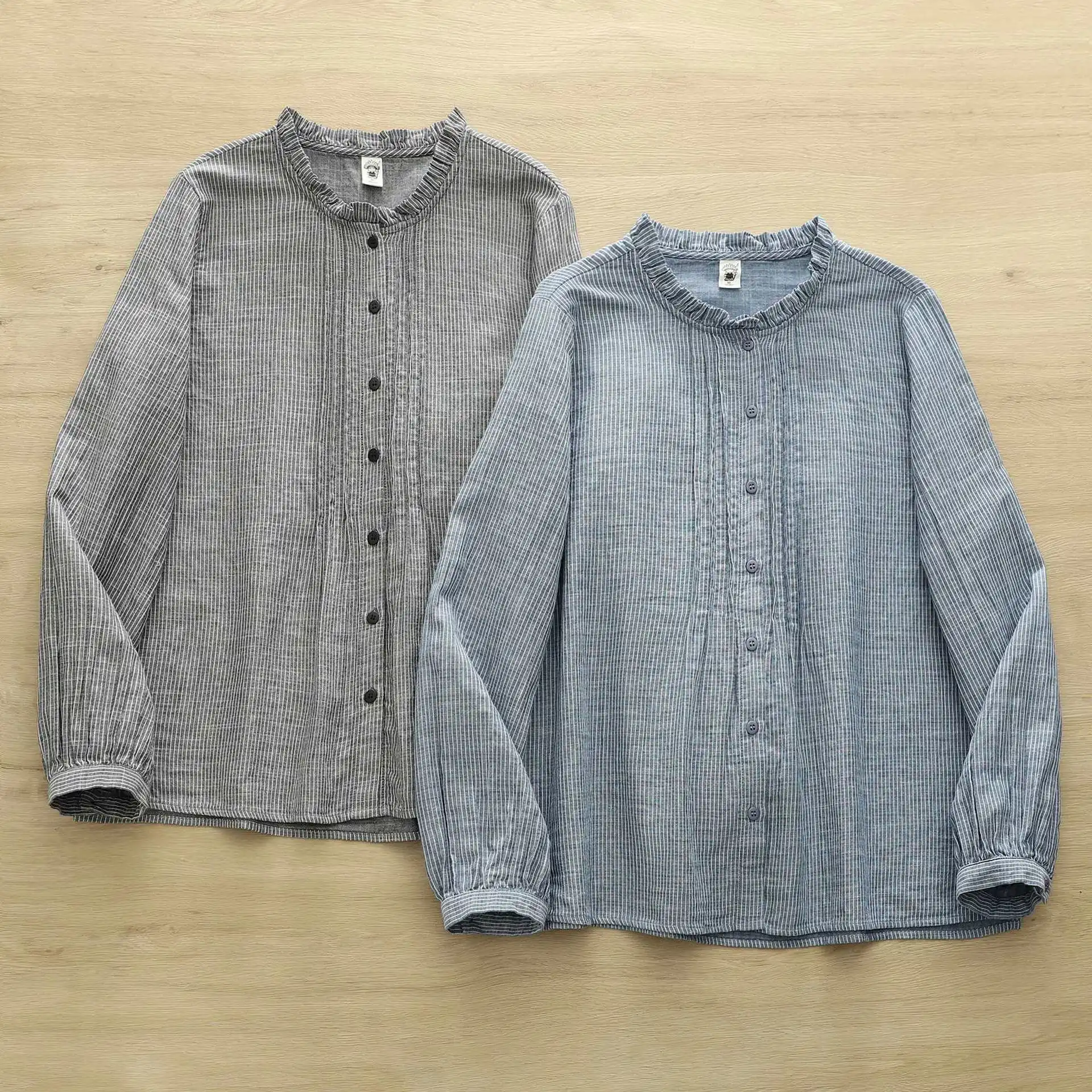 

[Ready Stock] High Quality Women 100% Cotton Blouse Shirt Autumn New Vintage Ruffles Stand-Up Collar Blue Striped Blouses Shirts