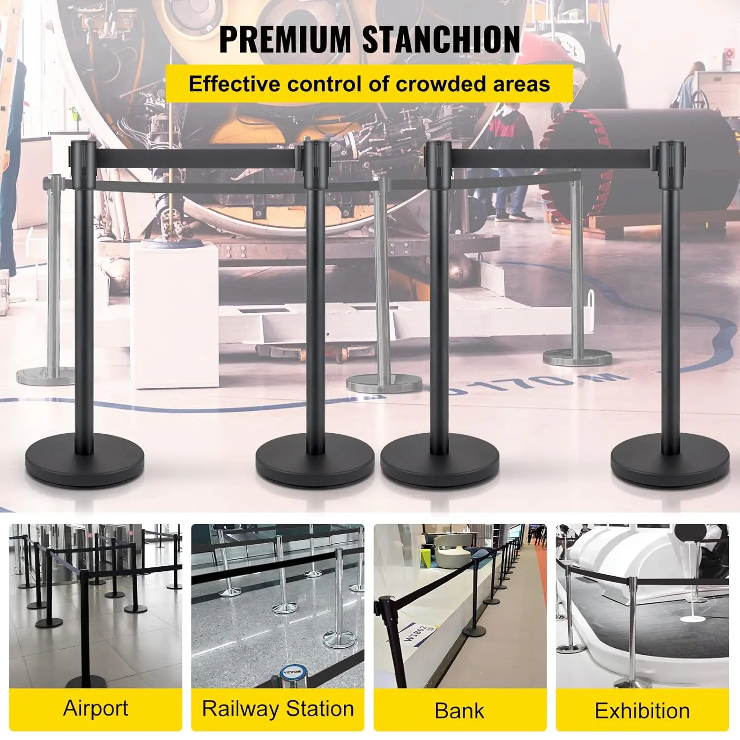 Crowd Control Stanchion, Set of 4 Pieces Stanchion Set, Stanchion Set with 6.6 ft/2 m Black Retractable Belt.