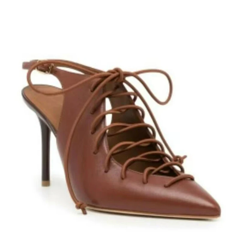 

Summer Woman Front Hollow Lace- Up Sandals Brown High Heel Pointed Toe Gladiator Back Strap Buckle Women's Banquat Dress Shoes